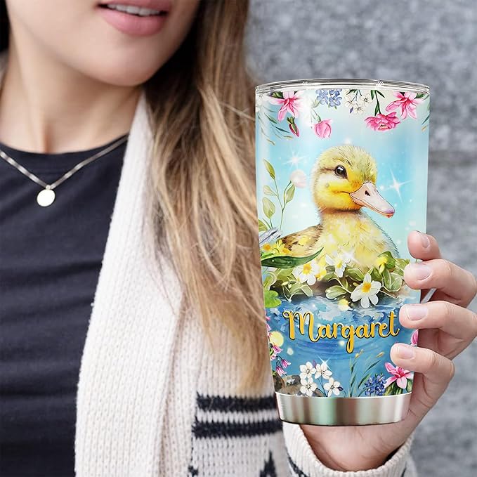 WAZONE Personalized Tumbler Just A Girl Who Loves Ducks Flower Cute Animal Print Stainless Steel Insulated 20oz 30oz Coffee Cups With Lid Customized Name Birthday Christmas Gifts For Girls - Bloomnest