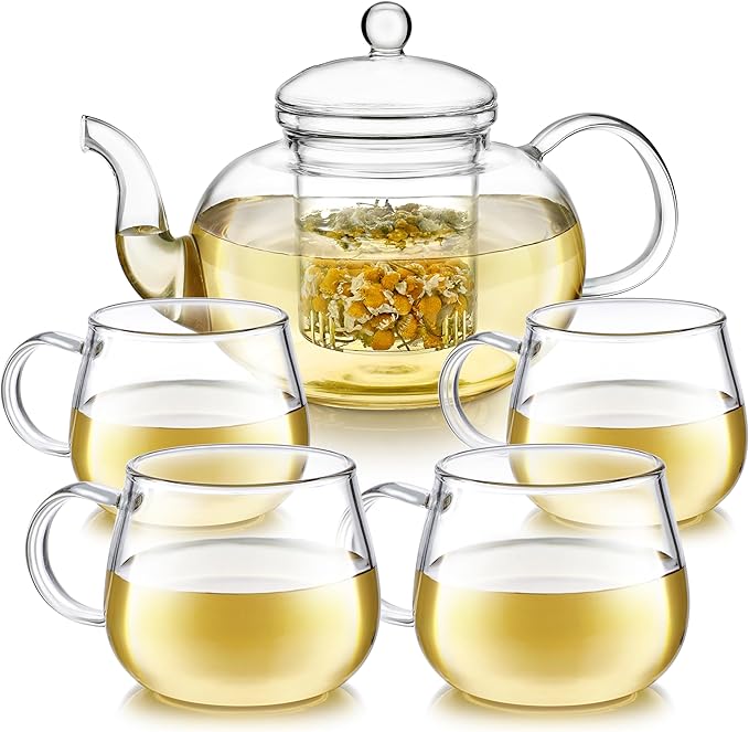 Teabloom Heatproof Glass Teapot Set with Removable Loose Tea Infuser (Standard Size: 32oz/946ml) and Four Borosilicate Glass Teacups (7oz/207ml) - Lead-free Complete Tea Set - Bloomnest