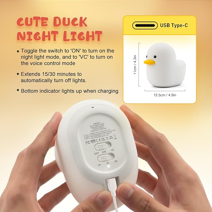 UNEEDE Voice Control LED Benson Night Light, Cute Duck Animal Silicone Nursery Night Light Rechargeable Table Lamp Bedside Lamp with Touch Sensor for Baby Girls Women Bedrooms, Living Room - Bloomnest