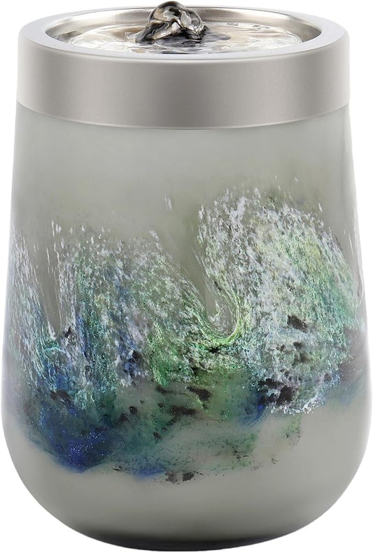 VOREEN Handblown Glass Tabletop Fountain – Grey Art Glass Indoor Fountain with Cool White Ambient Glow – Optional Aromatherapy for Home, Spa, Office Décor - Bloomnest