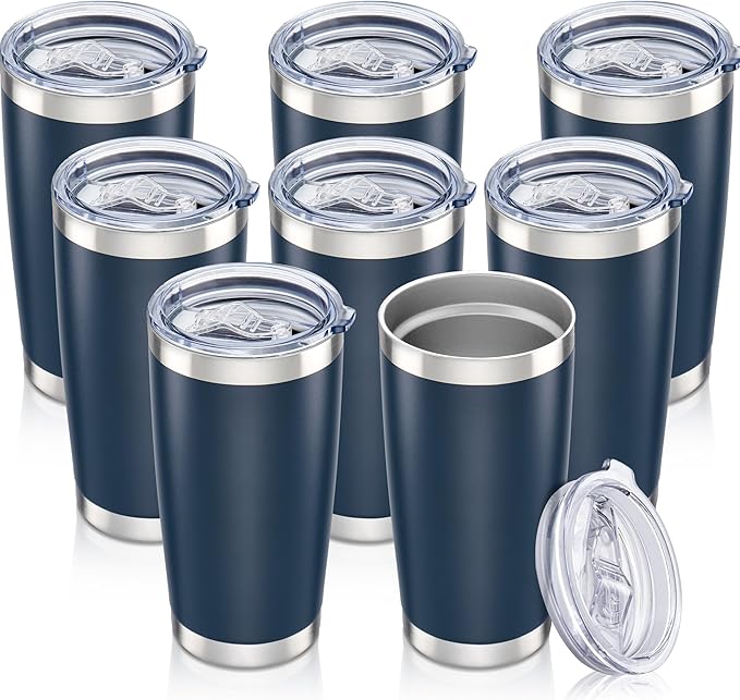 20 oz Tumbler with Lid Stainless Steel Insulated Tumblers Bulk Double Wall Vacuum Cups Powder Coated Travel Mug Keep Drink Cold and Hot, Navy, 8 Pack