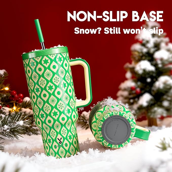 Meoky 40 oz Christmas Tumbler with Handle and Straw, Xmas Tumbler with Lid and Straw, Insulated Stainless Steel Travel Mug, Christmas Gifts for Women Men Adults (Emerald Cheer) - Bloomnest