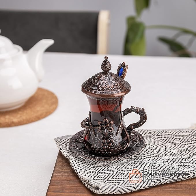 Alisveristime Handmade Turkish Tea Glass Set - Traditional Turkish Motifs, Set of 6 with Lids and Bonus Tea Spoons (Copper)