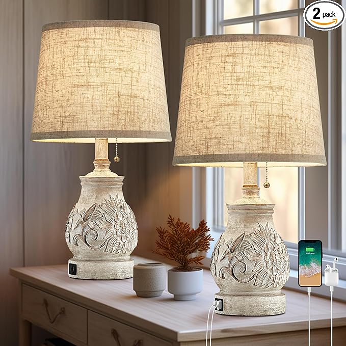 19.5'' Farmhouse Table Lamps for Bedrooms Set of 2 Vintage Bedside Lamps for Nightstand with USB Charging Ports Traditional Rusic Side Table Lamps for Living Room Wooden Carved Floral, Pull Chain - Bloomnest