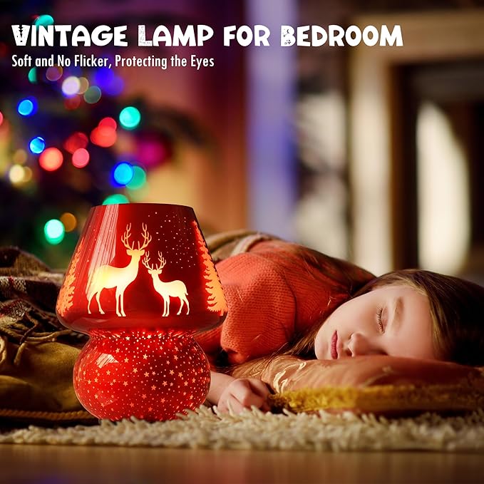 Christmas Battery Operated Mushroom Lamp - Vintage Small Table Lamp with Timer, Cordless Bedside Nightstand Lamp, Glass Battery Powered Lamp for Bedroom Kitchen Living Room Decor Aesthetic - Bloomnest