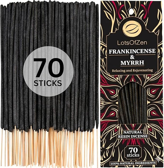 Frankincense and Myrrh Incense Sticks (70 Pack) – Long Burning Natural Resin Smudge Kit for Spiritual Cleansing, Meditation & Energy Balance LotsOfZen