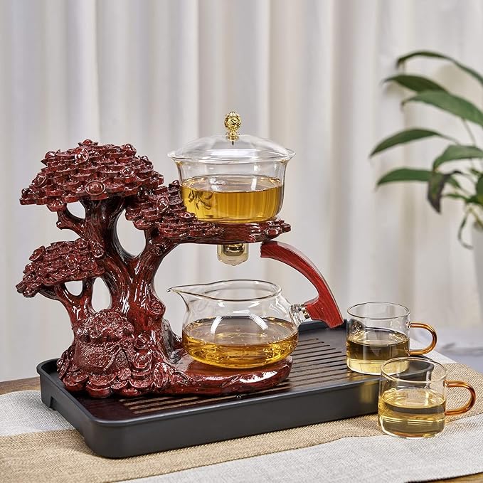Glass Teapot Set with Infuser Semi Automatic Tea Set Magic Teapot (Tree - red) - Bloomnest