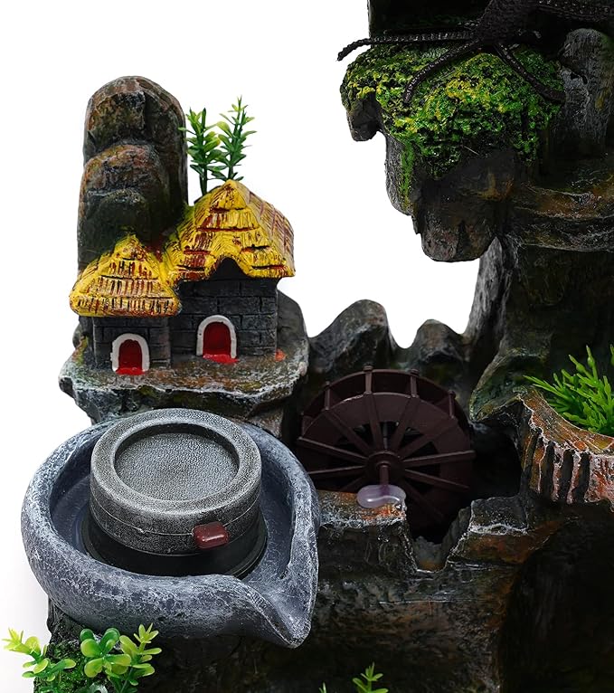 Gdrasuya10 110V Desktop Fountain Fish Tank Mini Waterfall with Fisherman, LED Lighting Fountain Simulation Resin Rockery Water Fountain Bonsai Ornaments for Home, Office, Bedroom, Desk - Bloomnest