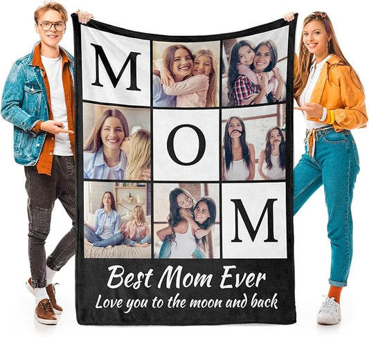 Custom Mom Blanket with 6 Photos Personalized Blanket with Pictures Customized Throw Gifts for Mom Grandma Photo Throw Blanket for Birthday Mother's Day - Bloomnest