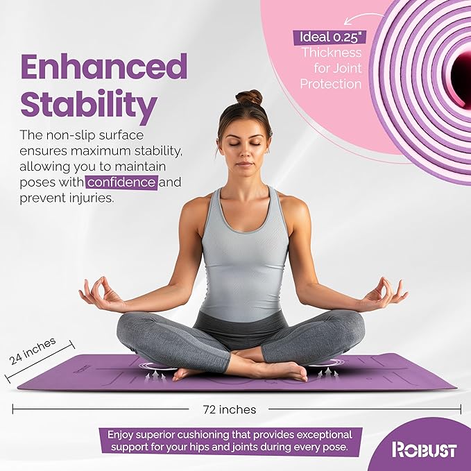 Robust Non-Slip Yoga Mat with Strap, 1/4" Thick TPE Eco-Friendly Workout Mat for Yoga with Position Lines and Texture Surface, Gym Mat for Women, Men, Pilates and Exercises Anti-Tear Sweat-Proof Exercise Mat - Bloomnest