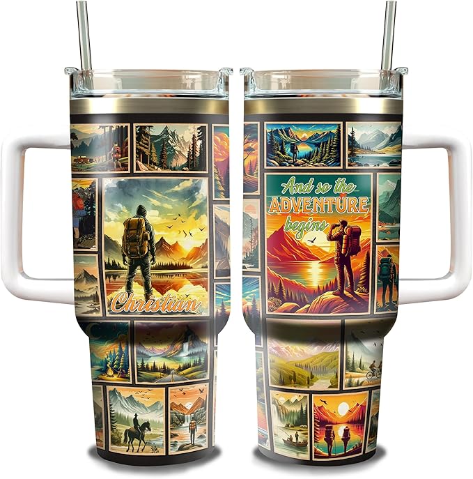WAZONE Personalized Adventures Tumbler 40oz with Handle and Straw Custom Name And So The Adventure Vacuum Stainless Steel Insulated Coffee Mug Birthday Gifts For Traveling Lover Men Him Dad Papa - Bloomnest