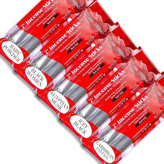Aroma Depot Meditation Vibes 7'' Incense Sticks - Variety Set 500 Pack - 7 inch - 5 Bundles 100 Sticks Per Scent. Set Features Baby Dust Type, Black Women, Caribbean Fantasy, Egyptian Musk, Icey Black