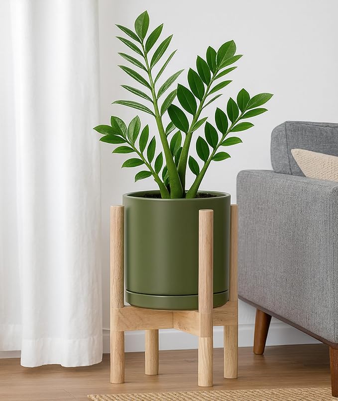 D'vine Dev Ceramic Planter with Natural Stand - 8 Inch Modern Round Flower Pot with Wood Planter Holder, Olive, 55-B-N-J - Bloomnest