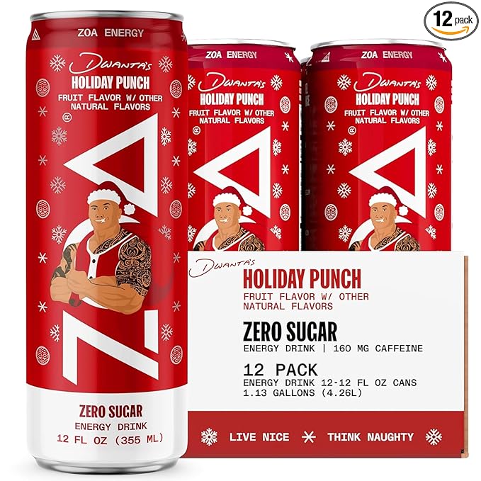 ZOA Zero Sugar Energy Drinks, Dwanta's Holiday Punch - Sugar Free with Electrolytes, Healthy Vitamin C, Amino Acids, Essential B-Vitamins, and Caffeine from Green Tea - 12 Fl Oz (12-Pack) - Bloomnest