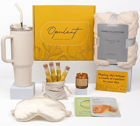 Opulent Luxury Self Care Gift Box for Women, Cozy Blanket, 40 oz Tumbler with Handle and Straw, Candle, Bath Salts, Spa Care Package, Golden Honey