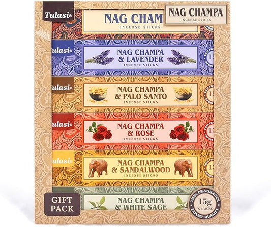 Tulasi Nag Champa Incense Sticks Gift Pack of 6, Hand Rolled Fragrance Incense Sticks for Aromatherapy, Relaxing, Yoga, Meditation, Prayer, Agarbatti Stick with Natural Oils, (15gm x 6) Tulasi
