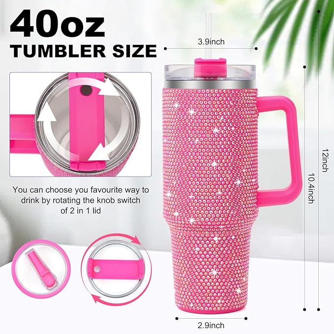 40 oz Tumbler with Handle and Flip Straw Lid, Insulated Leak Proof Double Walled Stainless Steel Rhinestone Diamond Studded Bling Travel Mug Tumblers, Maintains Cold Ice and Heat for Hours - Bloomnest