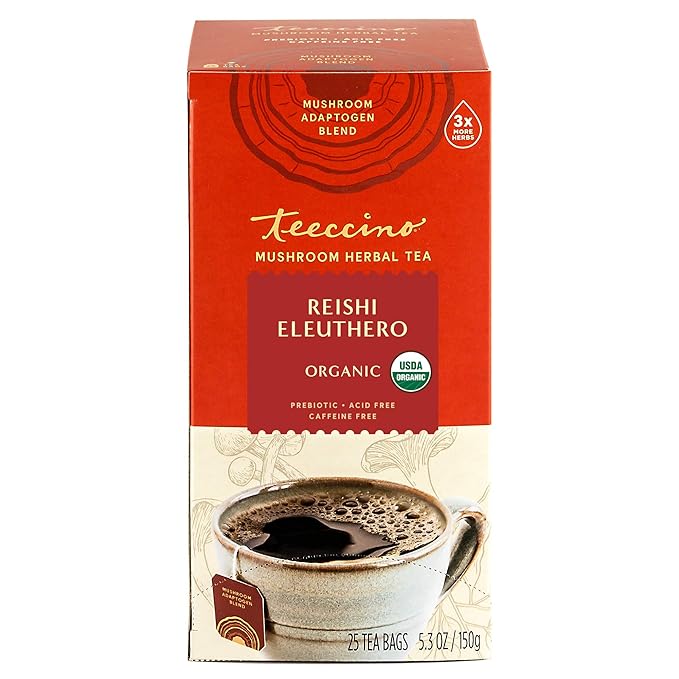 Teeccino Reishi Eleuthero Tea - French Roast - Organic Mushroom Adaptogenic Herbal Tea, 3x More Herbs than Regular Tea Bags, Caffeine Free, Chicory Prebiotic - 25 Tea Bags - Bloomnest
