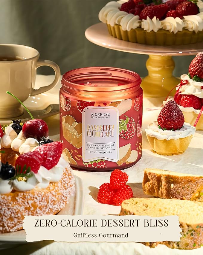 M&SENSE Raspberry Pound Cake Scented Candle 11.6oz, Natural Soy Wax Double Wick, 70H Burn Time for Bedroom Relaxing, Holiday Home Decor, Gift-Ready for Women - Bloomnest