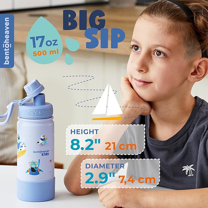Bentoheaven Kids Water Bottle Stainless Steel for Boys & Girls, 2 Lids (Chug & Straw), Handle & Silicone Boot, Reusable Metal Leak-proof Insulated Tumbler, School & Sports 17oz (Blue) - Bloomnest
