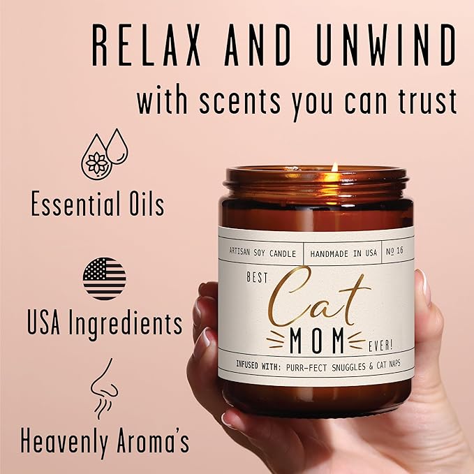 Cat Mom Gifts, Cat Gifts for Women Unique, Cat Lover Gifts for Women - 'Best Cat Mom Ever' Candle, w/Vanilla, Coconut & Vetiver I Cat Decor Themed I Cat Gifts for Cat Lovers I 50Hr Burn, USA Made - Bloomnest