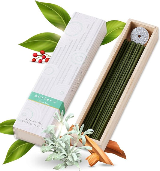 Hasegawa Hyakurakuko Premium Japanese Sandalwood Incense - Long Type, 40 Sticks with Aluminum Holder, 20-30 Min Burn Time, Made in Japan 線香 百楽香 (White Sage) %E3%81%AF%E3%81%9B%E3%81%8C%E3%82%8F%EF%BC%88Hasegawa%EF%BC%89