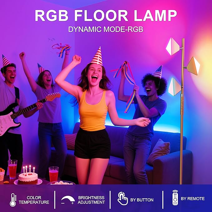 PARTPHONER RGB Tree Floor Lamp for Living Room, Stepless Dimmable Tall Standing Lamp with Remote, Touch Control and 3 Rotatable Light, Bright LED Lights for Bedroom with 4 Color-Changing, Gold - Bloomnest