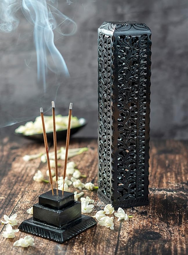 Crocon Handmade Black Marble Soapstone Incense Stick Burner Square Shape Leaf Design Tower Burner | Incense Cone & Candle Stick Holder | Decorative Home & Kitchen Best Gift Size LxWxH, 2.7x2.7x10 Inch