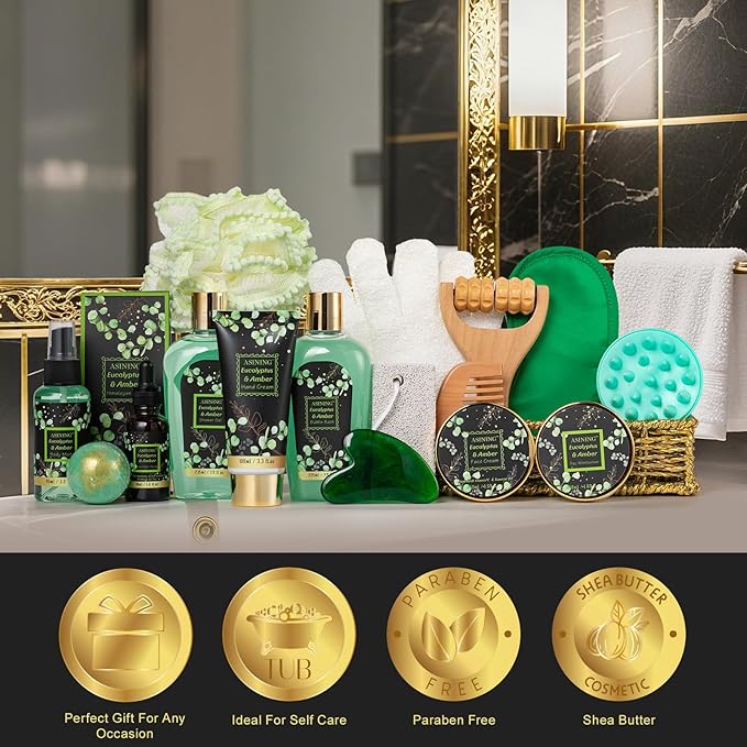 Home Spa Gift Basket, Bath Spa Kit for Women & Men, Bath & Shower Spa Gift Basket Set with Body Lotion, Shower Gel, Bubble Bath, Bath Bomb, Bath Gift Set for Mother, Wife Her, Eucalyptus & Amber Scent - Bloomnest