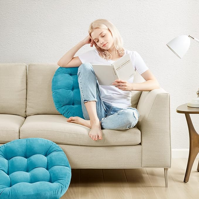 Meditation Floor Pillow Set of 2, Round Large Pillows Seating for Adults, Tufted Corduroy Thick Cushion for Living Room Tatami, Turquoise, 22 Inch'2 Count (Pack of 1) - Bloomnest