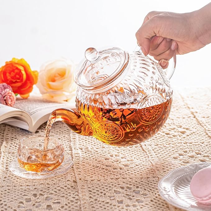 Bandesun Vintage Glass Teapot, Tea Kettle with Removable Infuser 32OZ/1000ml, Borosilicate Glass Pot -Stovetop Safe, Blooming & Loose Leaf Tea Maker Set - Bloomnest
