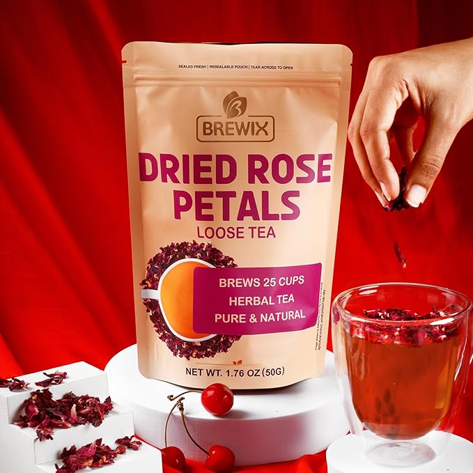 BREWIX, Pure Dried Rose Petals Loose Tea (25+ Cups,1.76oz/50g) Edible Flowers for Cocktails,Garnishing & Drinks, Tea,Baking,Desserts,Bread,Cake,Bath,DIY Skincare Edible Rose Petals in Resealable Bag - Bloomnest