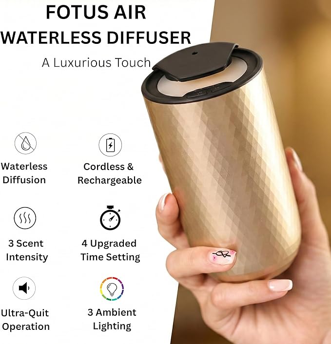 Waterless Essential Oil Diffuser – Portable Cordless Aromatherapy Diffuser for Home, Car & Office – 3 Mist Levels - 4 Timer Modes - 15ml Oil Capacity - USB-C Rechargeable - Bloomnest