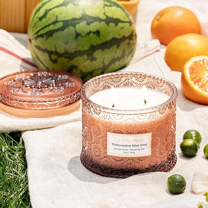 LA JOLIE MUSE Watermelon Mint Zest Candle - Eucalyptus, Sage, Lavender | 12 oz Large 2-Wick Soy Wax Candle | 60 Hours Clean Burn | Gift-Ready for Hosts & Gatherings | Elegant Home Décor - Bloomnest