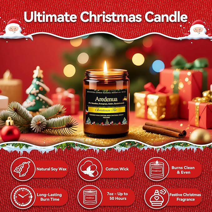 Christmas Candles - Christmas Fir Candle | 7 oz Soy Candles with Fresh Evergreen & Pine Tree Scent | Winter Holiday Scented Candle, Xmas Gift for Men & Women - Bloomnest