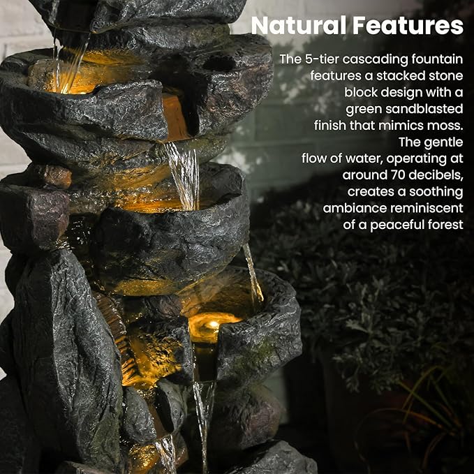 The 5-Tiered Rock Water Fountain Outdoor&Indoor, 31.5’’H Floor-Standing Garden Fountains, Stone Feature and Waterfall with Lights for Patio, Backyard, Deck, Porch, Home DéCor, Gray - Bloomnest