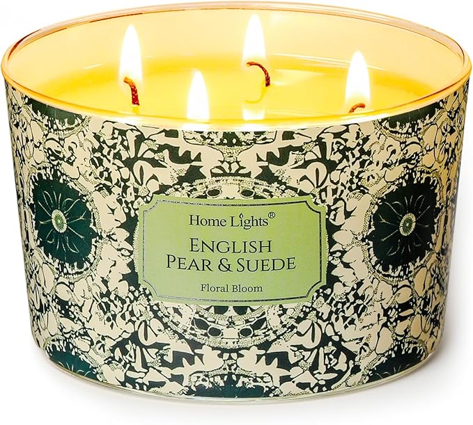 HomeLights Soy Wax Candles for Home Scented, 4-Wick Candles in English Pear & Suede Scented, Aromatherapy Candles Gift for Parties, Relaxing, Bohemian Natural Textures, 18oz - Bloomnest