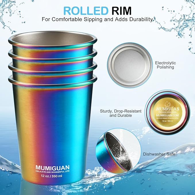 Stainless Steel Cups for Kids 12oz/350ml (4 Pack), Children's Rainbow Electroplating Cups, Camping Stainless Steel Cups, Stackable Metal Drinking Glasses, Toddler Stainless Steel Tumbler, BPA Free - Bloomnest