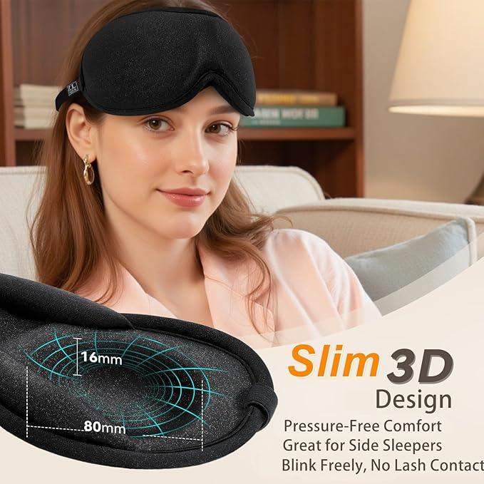 Ultra-Thin 3D Sleep Mask for Side Sleepers, Men, Women, Lash Extensions – Soft, Breathable and Lightweight Blackout Sleeping Eye Mask for Travel, Naps, Airplane, Adjustable, Mens (Black) - Bloomnest