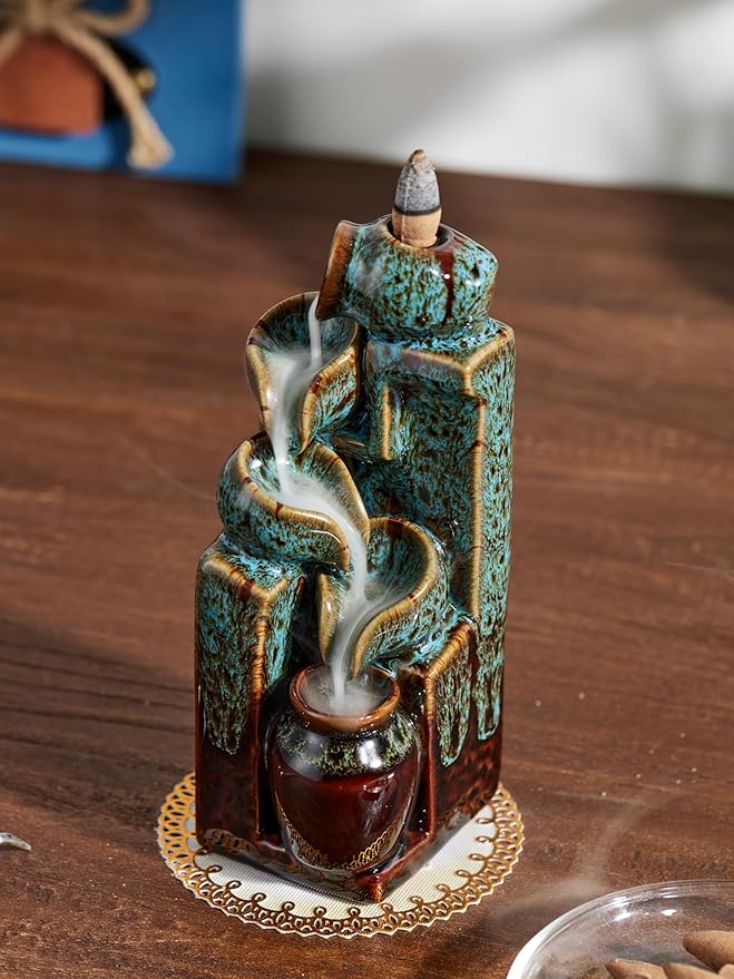 Unique Cascading Basins Ceramic Waterfall Incense Holder, Paired with a Pack of Backflow Incense Cones. (Fambe Blue) - Bloomnest