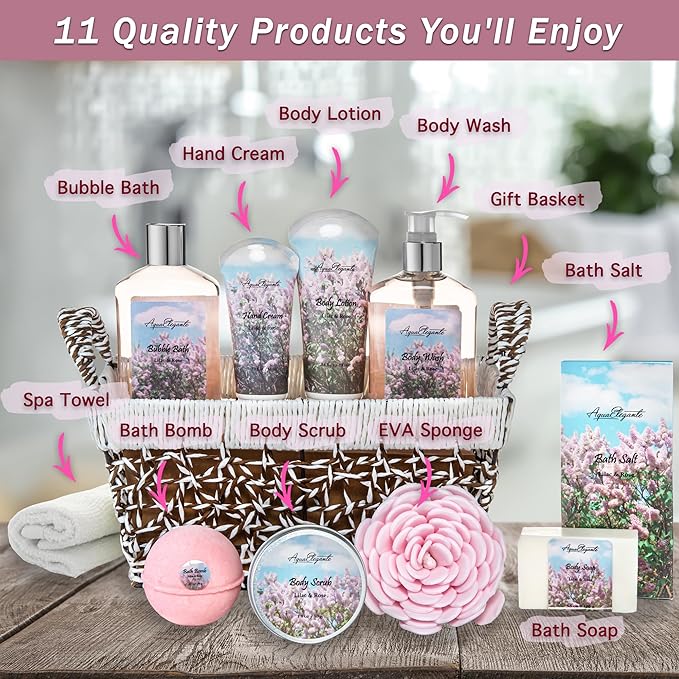Spa Baskets For Women - Luxury Bath Set With Lilac & Rose Oil - Spa Kit Includes Wash, Bubble Bath, Lotion, Bath Salts, Body Scrub, Hand Cream, Shower Puff, Bathbombs, Soap and Towel - Bloomnest