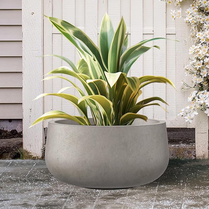 Kante 19.6" Dia Round Concrete Planter, Cement Plant Pots with Drainage Hole and Rubber Plug for Outdoor Indoor Garden Home, Modern Curvaceous Design, Weathered Concrete - Bloomnest