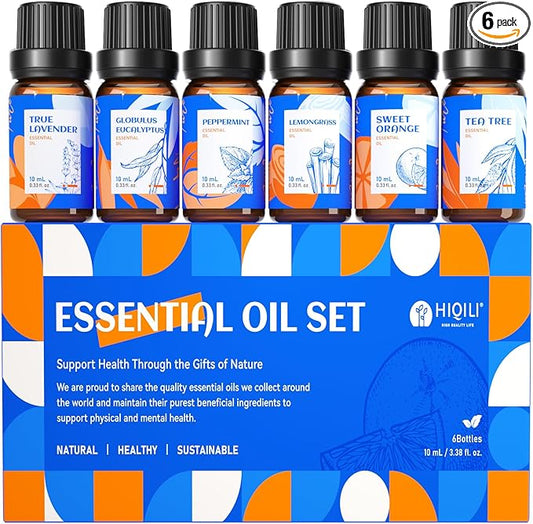 HIQILI Essential Oils for Diffusers for Home，Top 6 Gift Essential Oil Set，Include Lavender, Orange, Peppermint, Tea Tree, Eucalyptus, Lemongrass，Beginner Kit（10ML*6） - Bloomnest