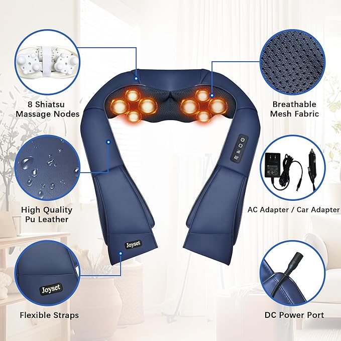 Joyset Shiatsu Neck and Back Massager with Heat,Electric Shoulder Massager for Pain Relief Deep Tissue,3D Kneading Massage with Cloth Cover Easy to Clean (Blue) - Bloomnest