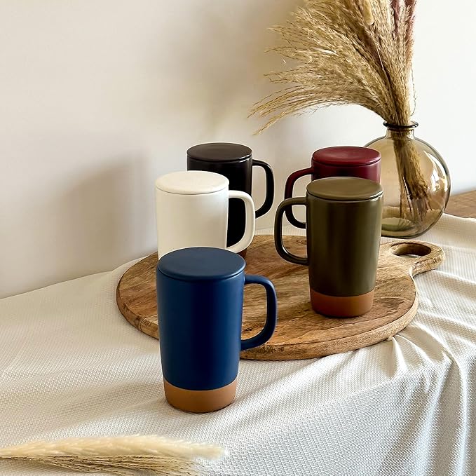 Mora Ceramics Large Tea Mug with Loose Leaf Infuser and Ceramic Lid, 18 oz, Portable, Microwave and Dishwasher Safe, Tall Coffee Cup - Rustic Matte Ceramic Glaze, Modern Herbal Tea Strainer, Deep Blue - Bloomnest