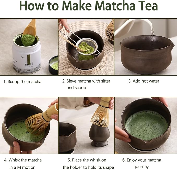 Matcha Whisk Set, Matcha Bowl with Spout and Coaster, Matcha Whisk and Holder, Sifter, Scoop, Spoon, Cleaning Brush - 10 Pcs Complete Ceramic Matcha Kit - Bloomnest