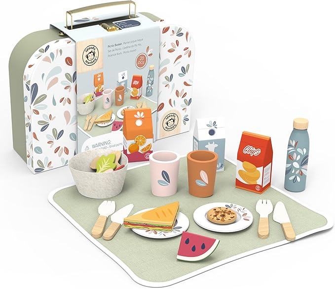SPEEDY MONKEY Wooden Picnic Basket Playset – FSC Certified Pretend Play Food & Fruit Toy for Toddlers & Preschoolers, Outdoor Picnic Travel Adventure, Kitchen Role Play Set for Boys & Girls - Bloomnest