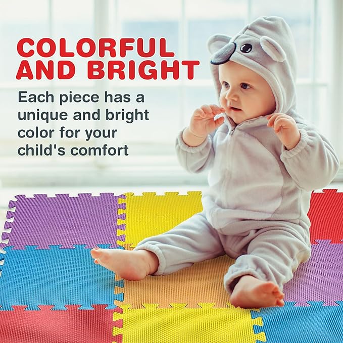 MEDca Floor Mat 60-Tiles Exercise Mat Solid Foam EVA Playmat Kids Safety - Receive 10-Pcs of Each Color, Red, Blue, Green, Yellow, Purple, Orange - Bloomnest