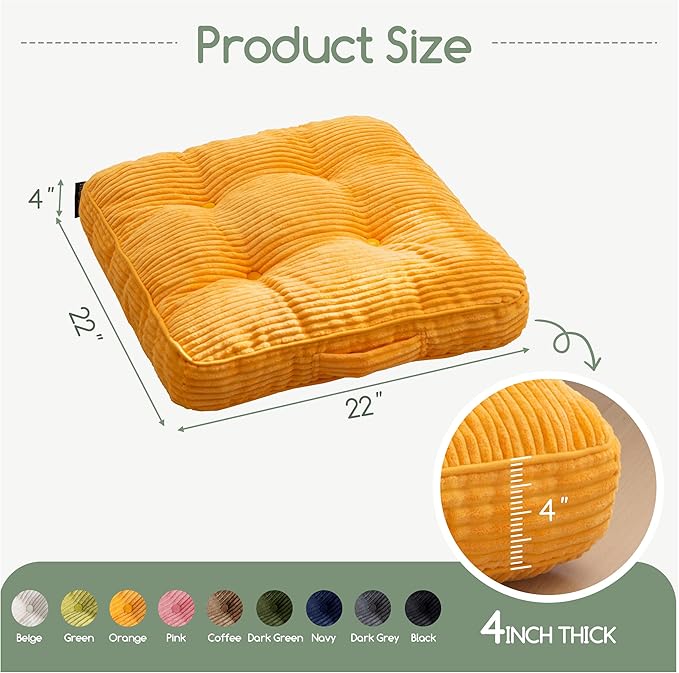 Washable Floor Pillow Cushion for Adults, Meditation Cushion Pillow, Large Square Floor Sitting, Removable Tufted Corduroy Cover, for Tatami Living Room or Yoga, 22x22 Inch, 2Pack, Machine Washable - Bloomnest