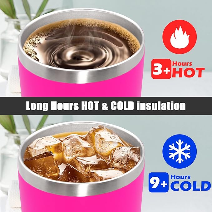 20 oz Tumbler Coffee Travel Tumblers Bulk with Lid Stainless Steel Double Wall Vacuum Insulated Mug Powder Coated Cups fit Car Cupholder for Hot and Cold - Hot Pink, 1Pack - Bloomnest